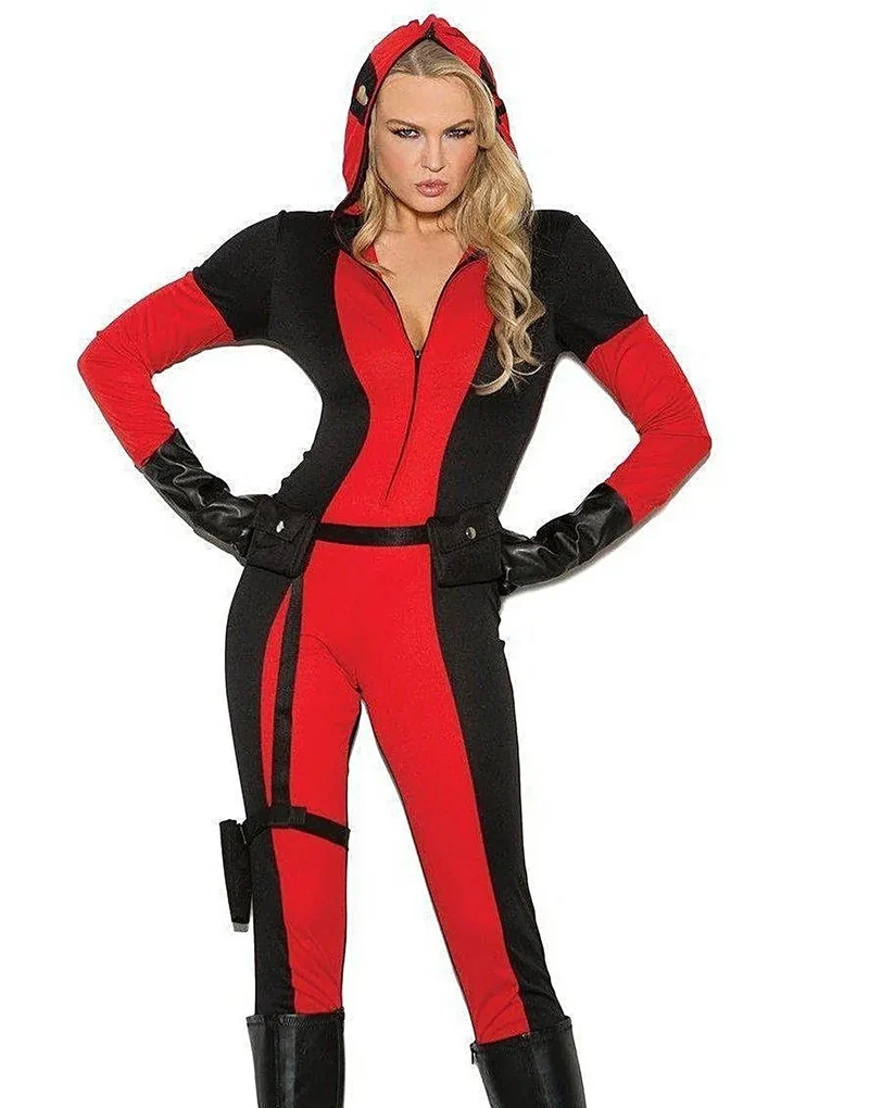 Elegant Moments Vigil Ante Kostuum - 3-delige zwart/rode set met jumpsuit en accessoires