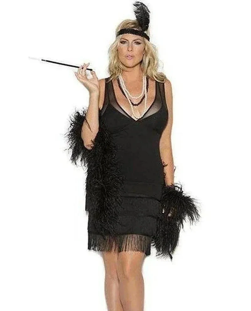 Elegant Moments EM-99051X Flapperkostuum Plus Size - 2-delig: jurk met franjes en hoofddeksel met pailletten