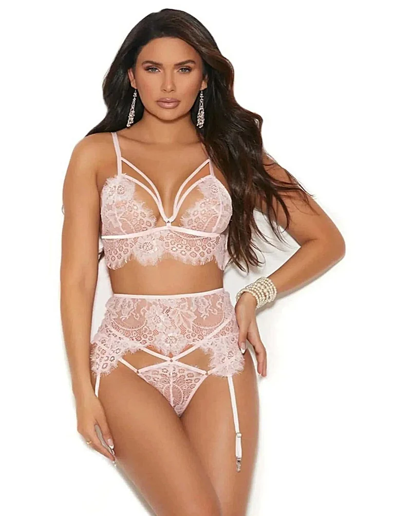 Elegante braletteset met wimperkant - 3-delige set met bandjes, string en jarretelgordel