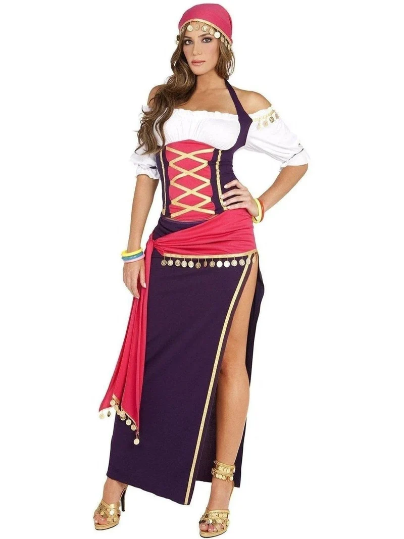 Elegant Moments Zigeunermeisje Kostuum 5-delige set - Off-shoulder top, rok, ceintuur, sjaal en armbanden, paars/wit, maat S