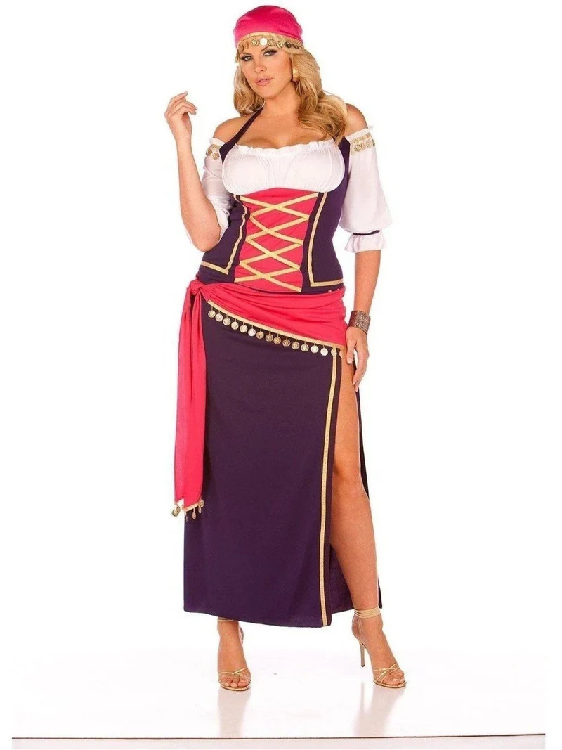 Elegant Moments Zigeunermeisje Kostuum 5-delige set - Off-shoulder top, rok, ceintuur, sjaal en armbanden, paars/wit, maat S