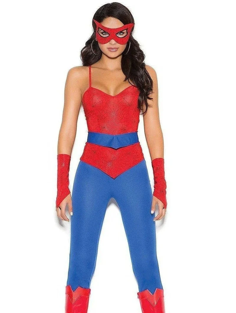 Elegant Moments 5-delige Spider Superheldenkostuumset in rood/blauw, inclusief topje, broek, masker en handschoenen
