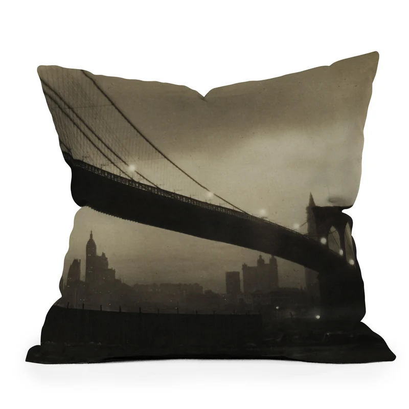 Brooklyn Bridge Nocturne vintage 1912 East River Manhattan city lights sepia toned photograph Throw Pillow