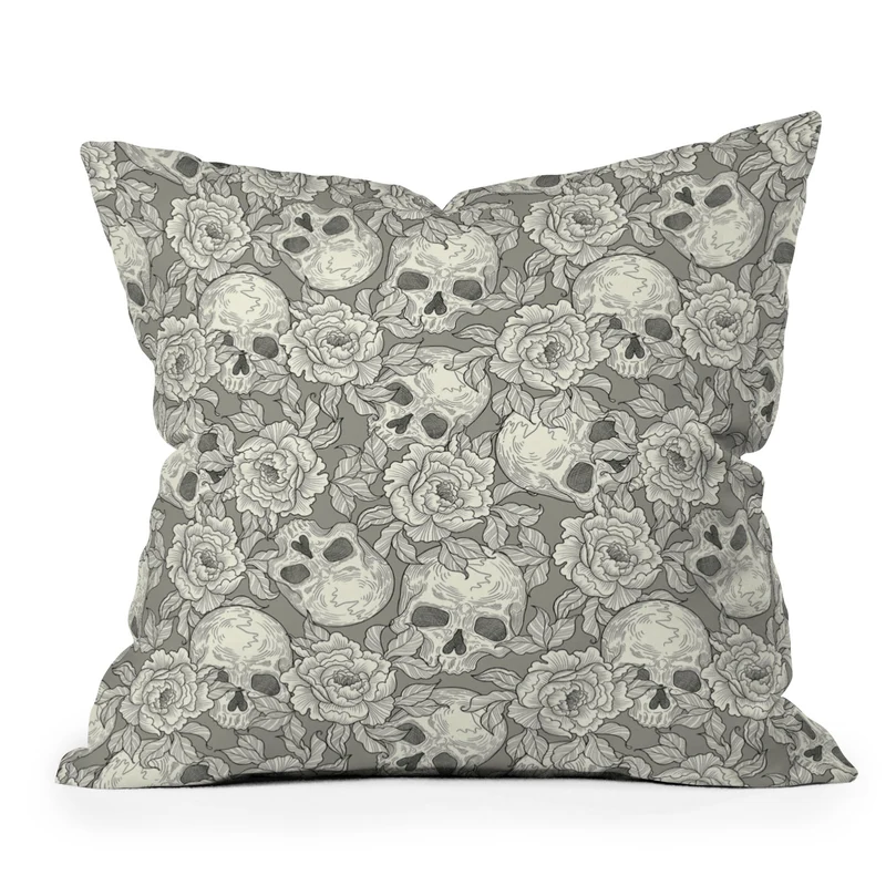 Skulls and flowers Throw Pillow