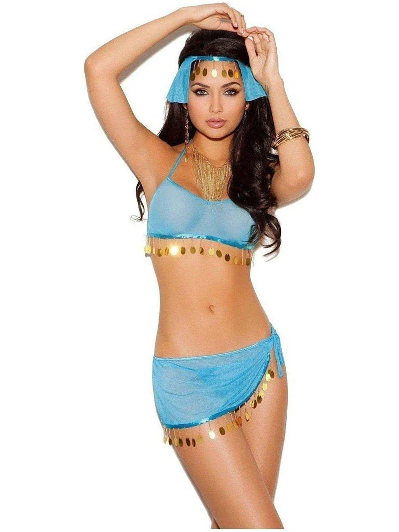 Elegant Moments Harem Kostuumset 4-delig - Turquoise Mesh Top, Rok, Hoofddeksel & G-string
