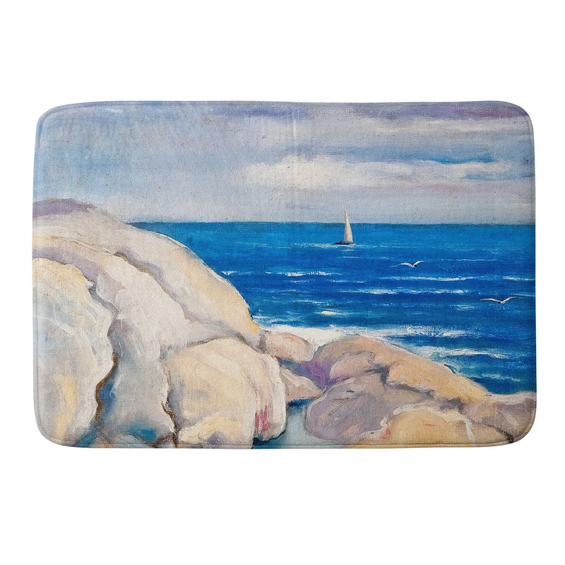 Rocks on the the coast nautical maritime ocean blue seascape by Venny Soldan Brofeldt Bath Mat