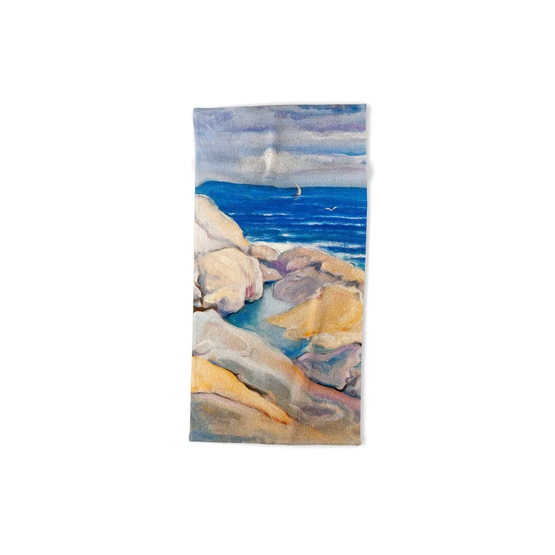 Rocks on the the coast nautical maritime ocean blue seascape by Venny Soldan Brofeldt Bath Towel