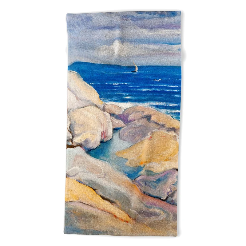 Rocks on the the coast nautical maritime ocean blue seascape by Venny Soldan Brofeldt Bath Towel