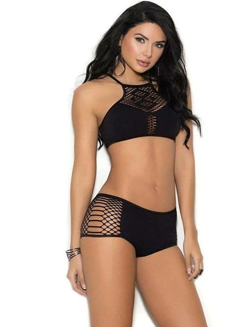 Elegante Moments 1372 Zwarte Ondoorzichtige Bralette Sets met Cut-Out Details en Booty Shorts