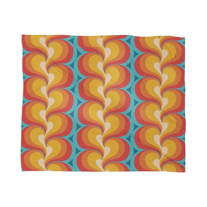 Orange Red and Turquoise Swirly Geometric Curves Throw Blanket