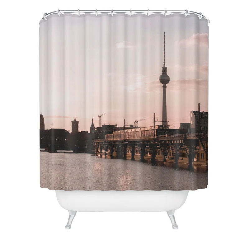 Berlin Germany I Fernsehturm television tower and Spree river at sunset in a pastel pink sky Shower Curtain