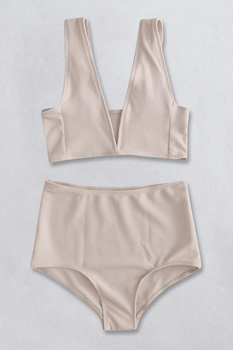 Geribbelde bikiniset met V-hals