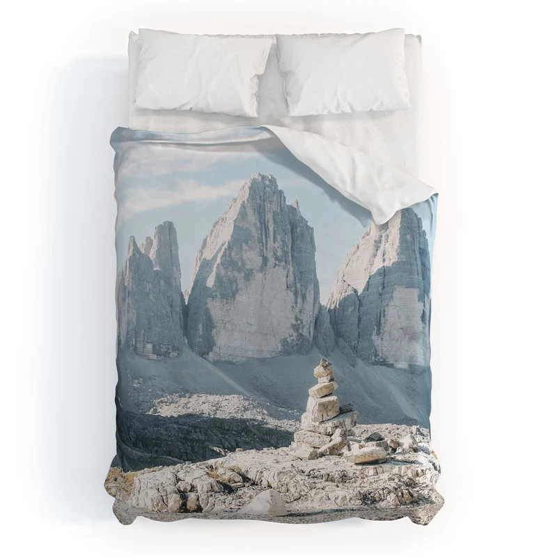 Dolomites Italy I Stone cairn in front of Tre Cime di Lavaredo peaks in the Italian Alps mountains Duvet Cover