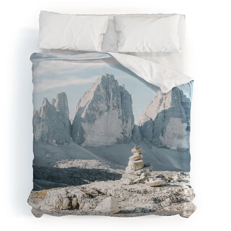 Dolomites Italy I Stone cairn in front of Tre Cime di Lavaredo peaks in the Italian Alps mountains Duvet Cover