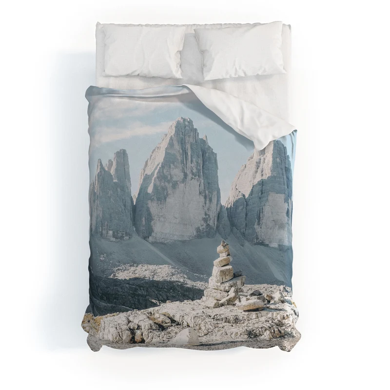 Dolomites Italy I Stone cairn in front of Tre Cime di Lavaredo peaks in the Italian Alps mountains Duvet Cover
