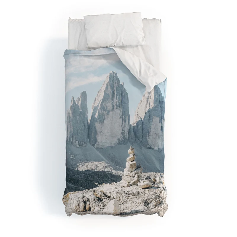 Dolomites Italy I Stone cairn in front of Tre Cime di Lavaredo peaks in the Italian Alps mountains Duvet Cover