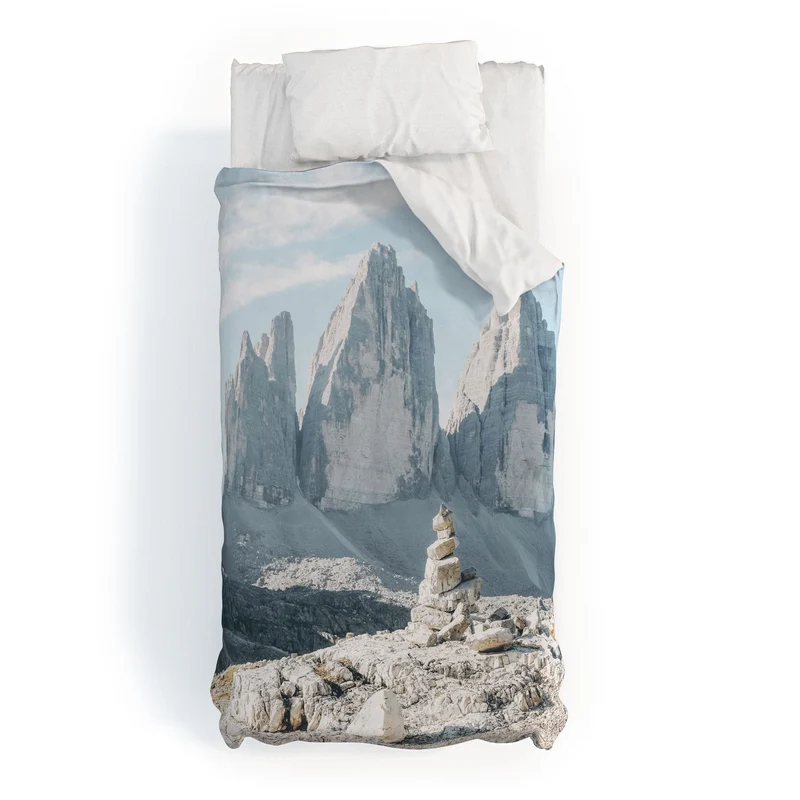 Dolomites Italy I Stone cairn in front of Tre Cime di Lavaredo peaks in the Italian Alps mountains Duvet Cover
