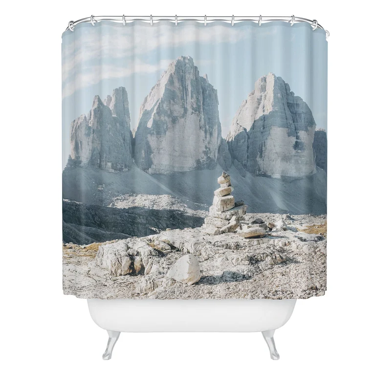 Dolomites Italy I Stone cairn in front of Tre Cime di Lavaredo peaks in the Italian Alps mountains Shower Curtain