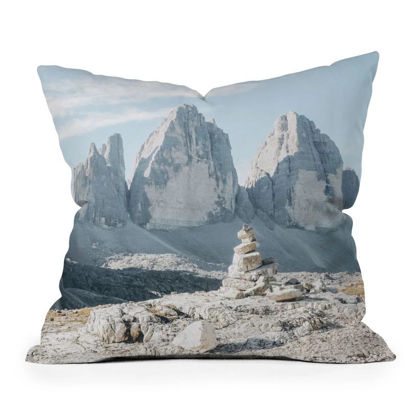 Dolomites Italy I Stone cairn in front of Tre Cime di Lavaredo peaks in the Italian Alps mountains Throw Pillow