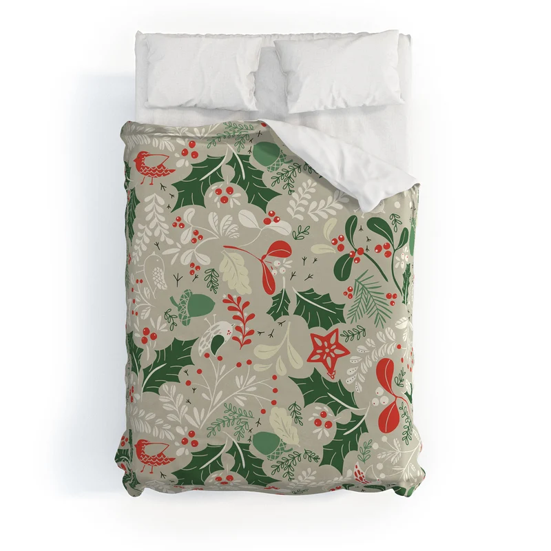 Festive Botanical Bird Pattern Duvet Cover