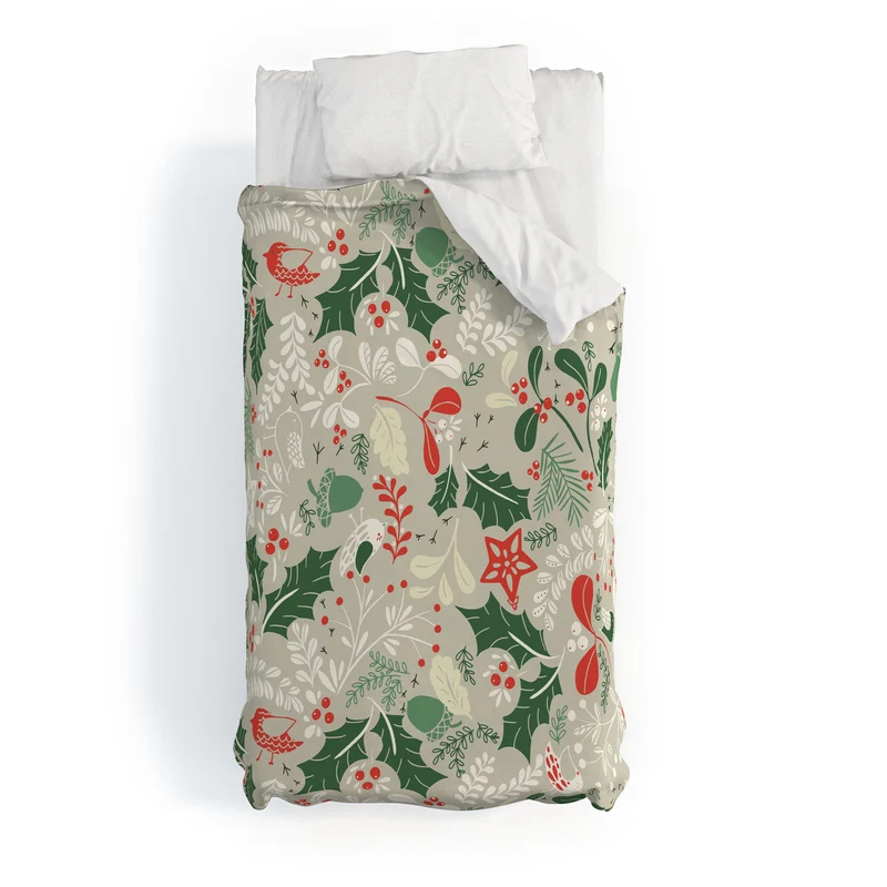 Festive Botanical Bird Pattern Duvet Cover