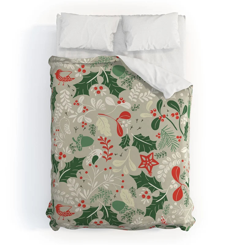 Festive Botanical Bird Pattern Duvet Cover