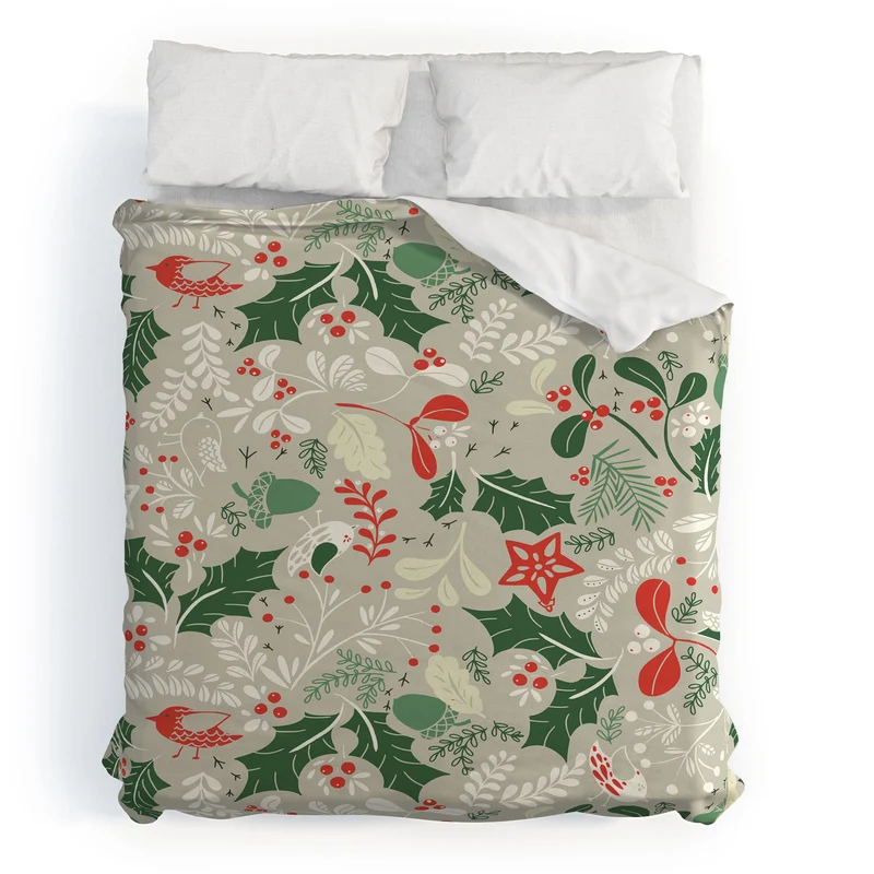 Festive Botanical Bird Pattern Duvet Cover