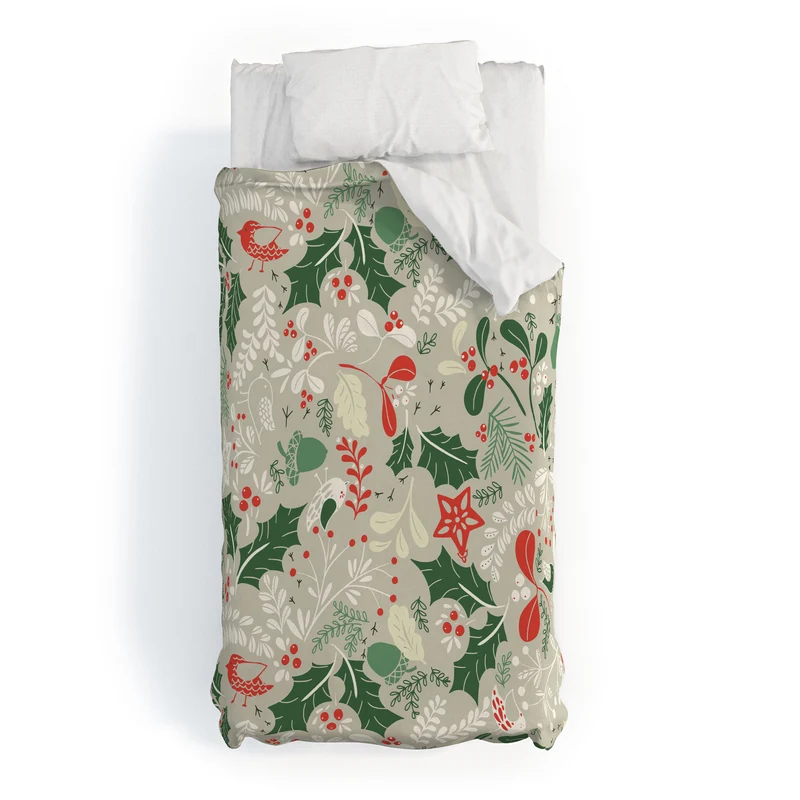 Festive Botanical Bird Pattern Duvet Cover