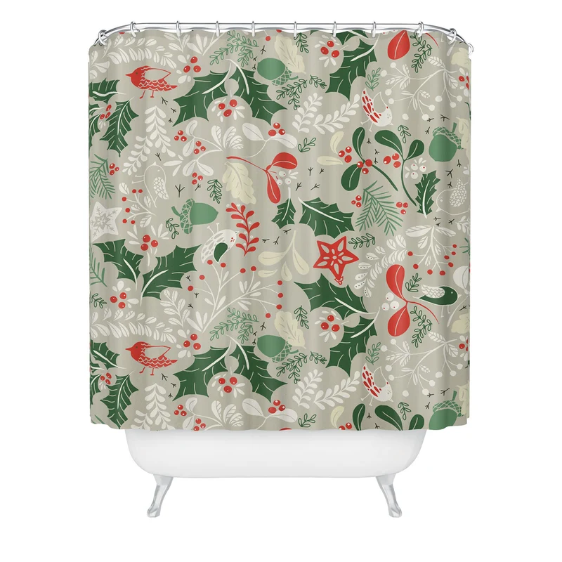 Festive Botanical Bird Pattern Shower Curtain