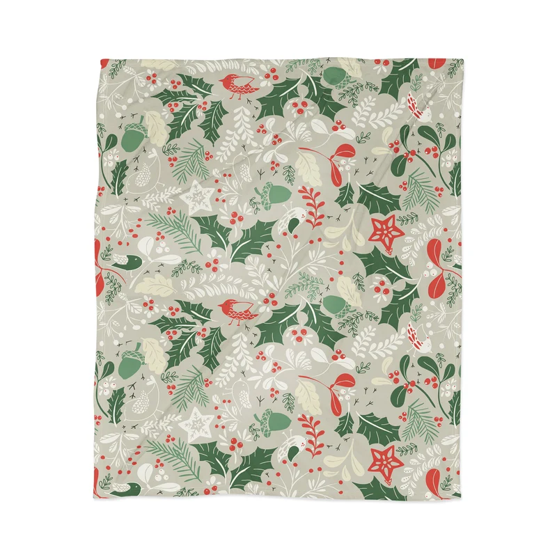 Festive Botanical Bird Pattern Throw Blanket