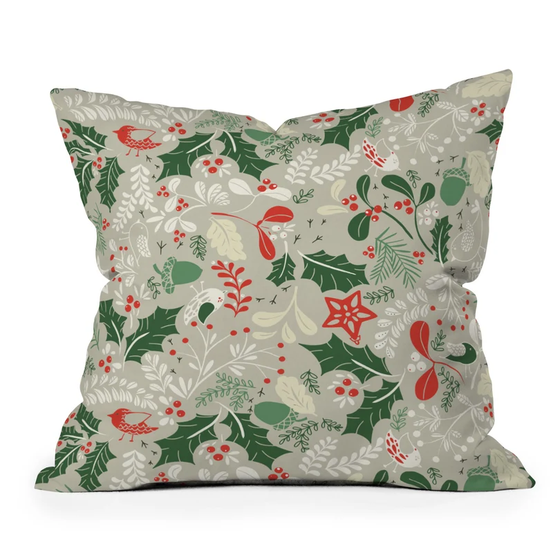 Festive Botanical Bird Pattern Throw Pillow