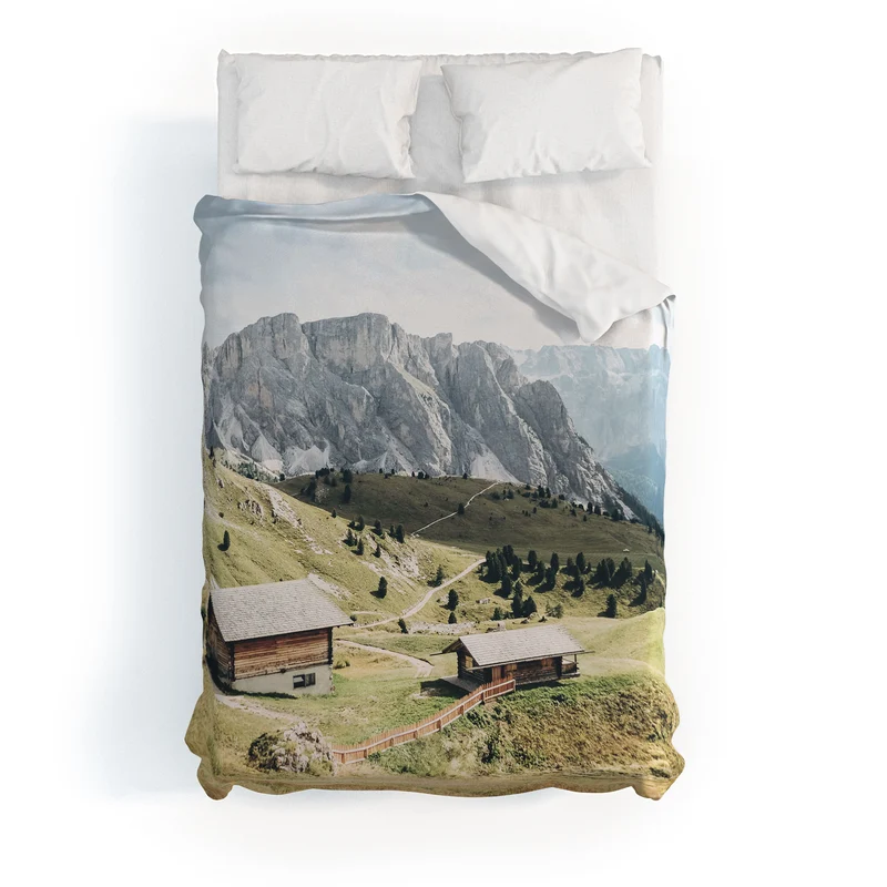 Dolomites Italy I Wooden chalets on the Seceda alpine meadow in the mountain of the Italian Alps Duvet Cover