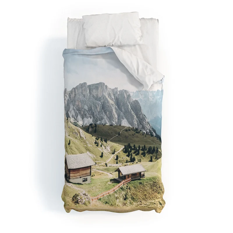 Dolomites Italy I Wooden chalets on the Seceda alpine meadow in the mountain of the Italian Alps Duvet Cover