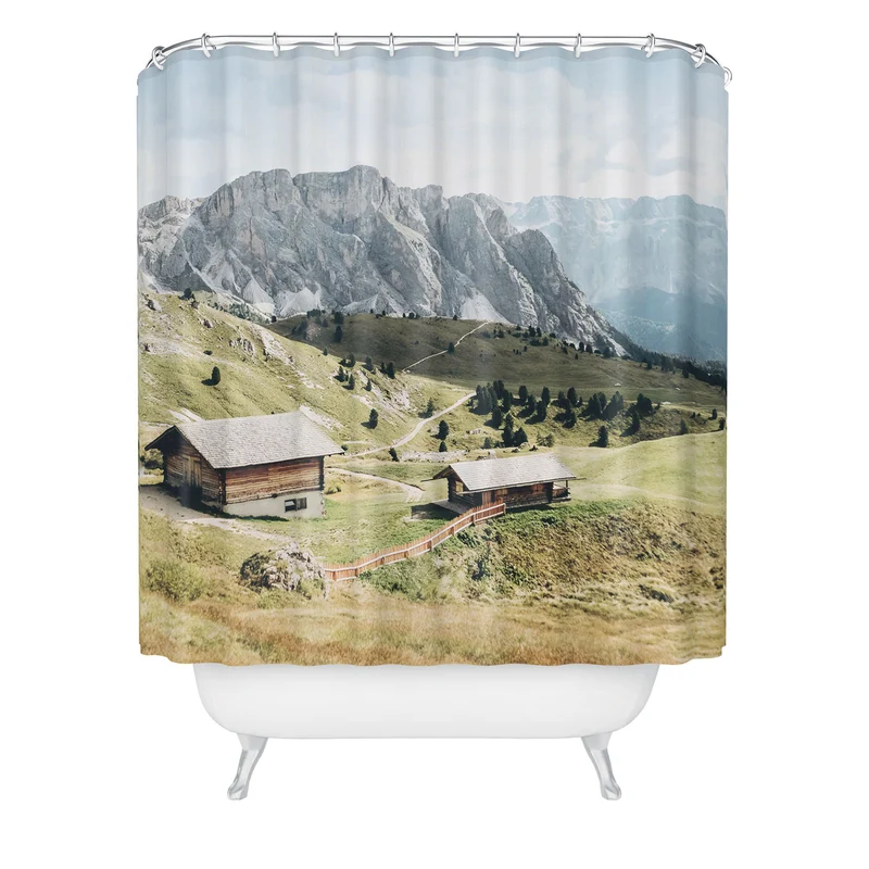 Dolomites Italy I Wooden chalets on the Seceda alpine meadow in the mountain of the Italian Alps Shower Curtain