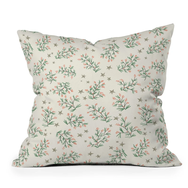 Traditional christmas pine branches cream pattern Throw Pillow