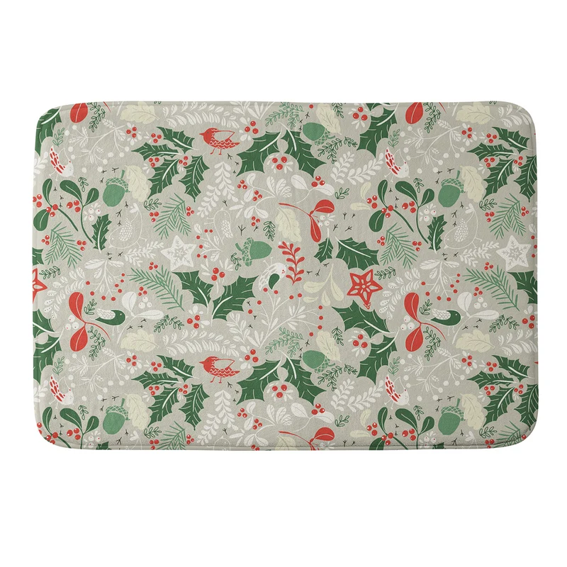 Festive Botanical Bird Pattern Bath Mat