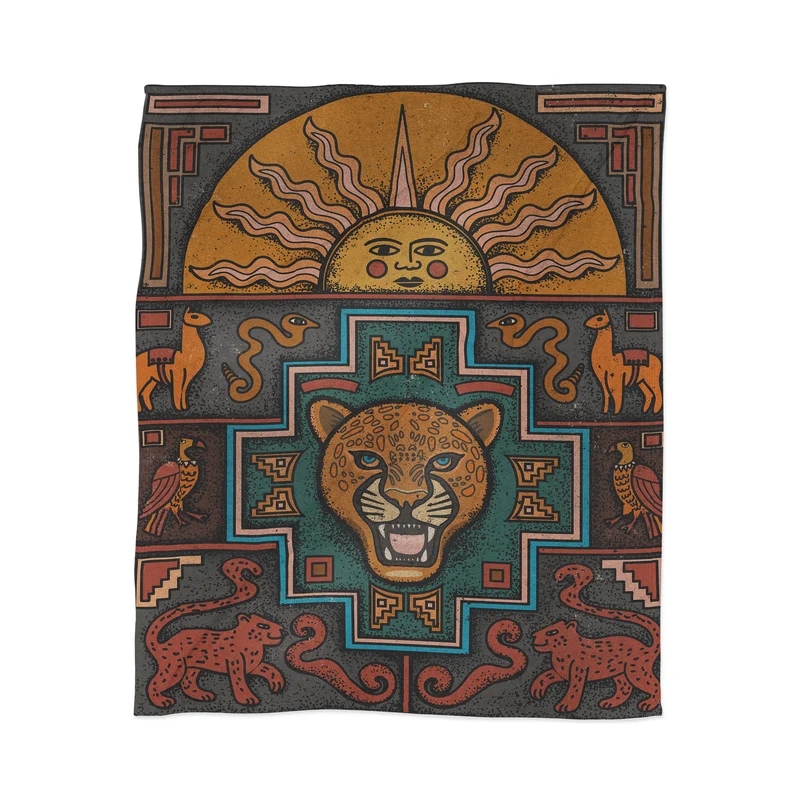 Vibrant Folk Animal Illustration Throw Blanket