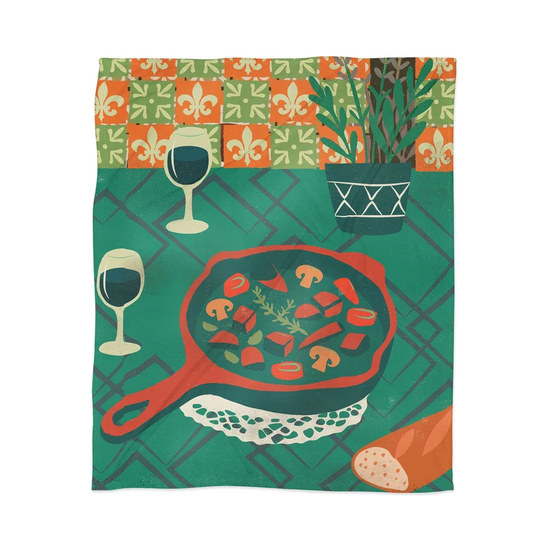 Rustic Kitchen Scene with Skillet and Wine Throw Blanket