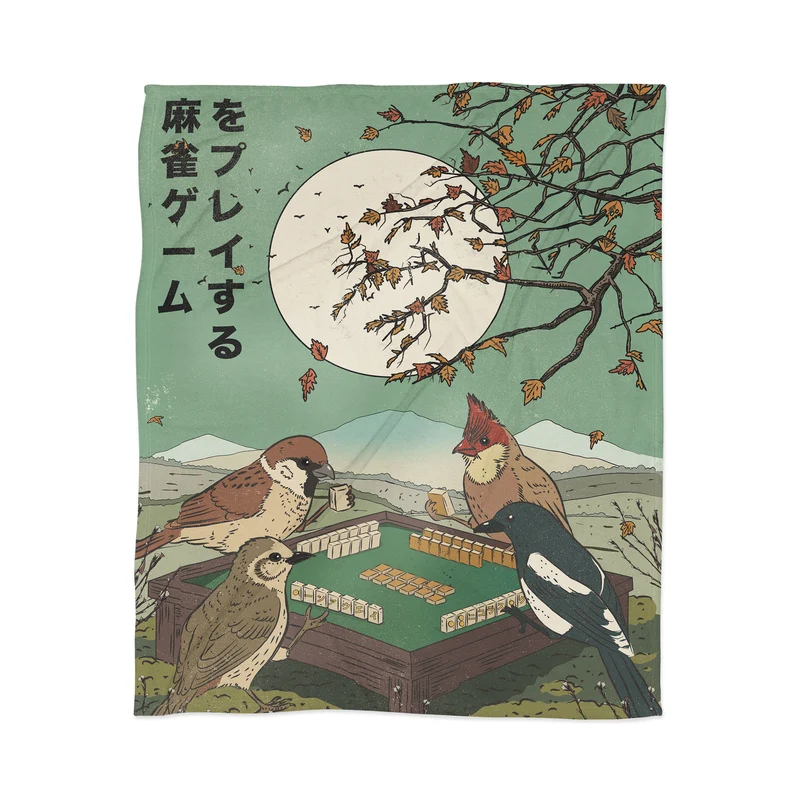 Bird Mahjong under a Harvest Moon Throw Blanket