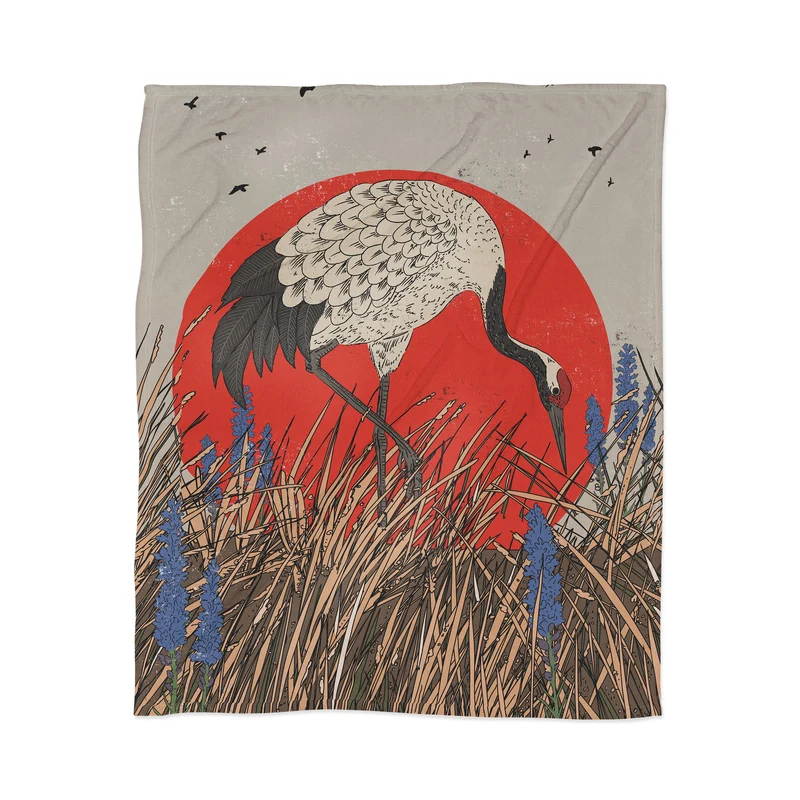 Crane in Nature Scene with Red Sun Throw Blanket