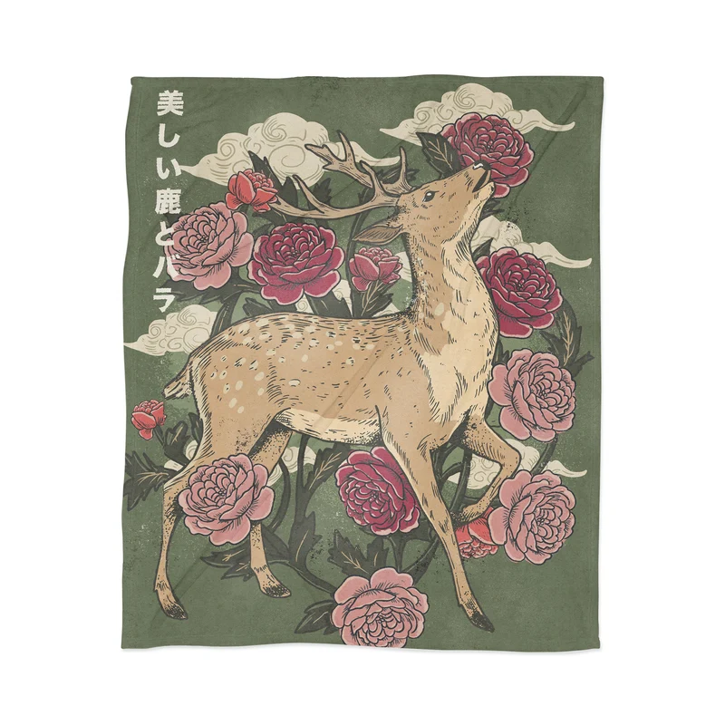 Vintage Deer with Peonies Throw Blanket