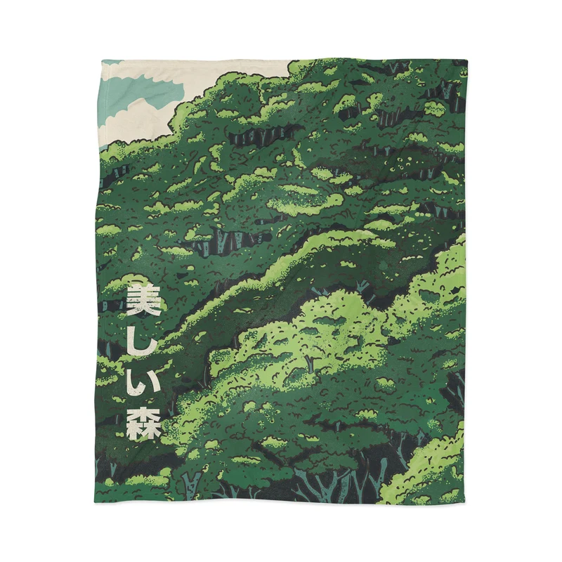 Verdant Japanese Forest Illustration Throw Blanket