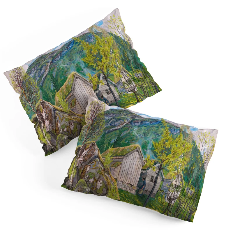 Yellow buttercup blossoms Spring Mood by Old Cotters Farm alpine landscape by Nikolai Astrup Pillow Sham