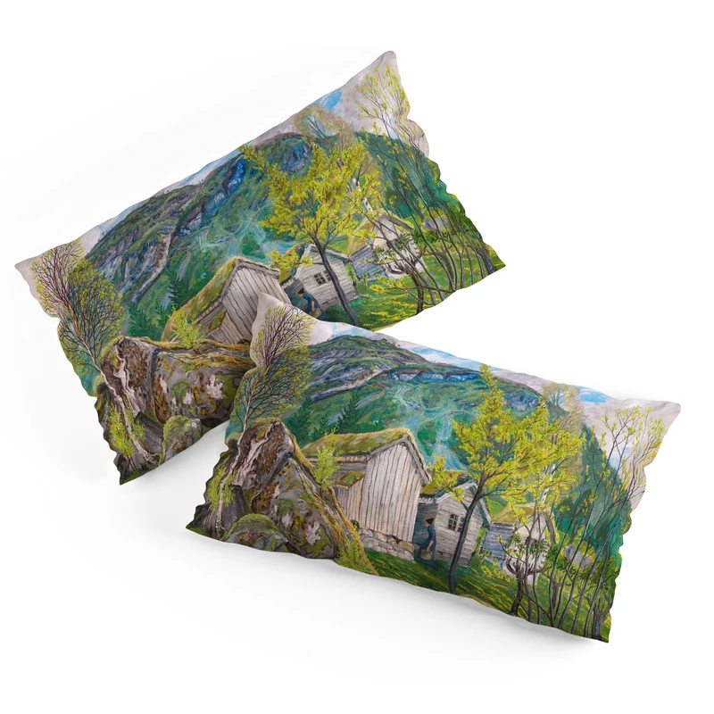 Yellow buttercup blossoms Spring Mood by Old Cotters Farm alpine landscape by Nikolai Astrup Pillow Sham