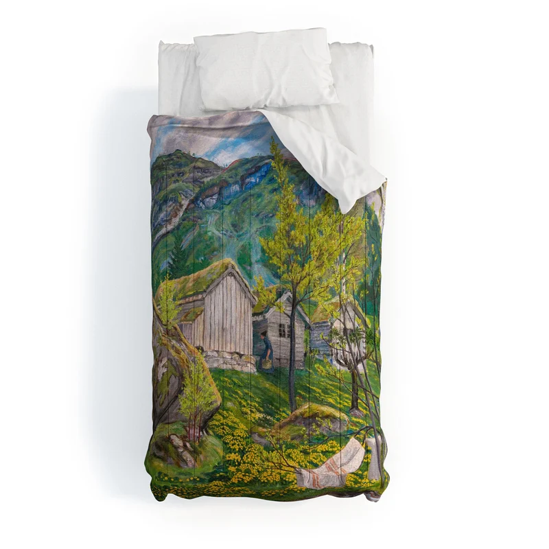 Yellow buttercup blossoms Spring Mood by Old Cotters Farm alpine landscape by Nikolai Astrup Comforter