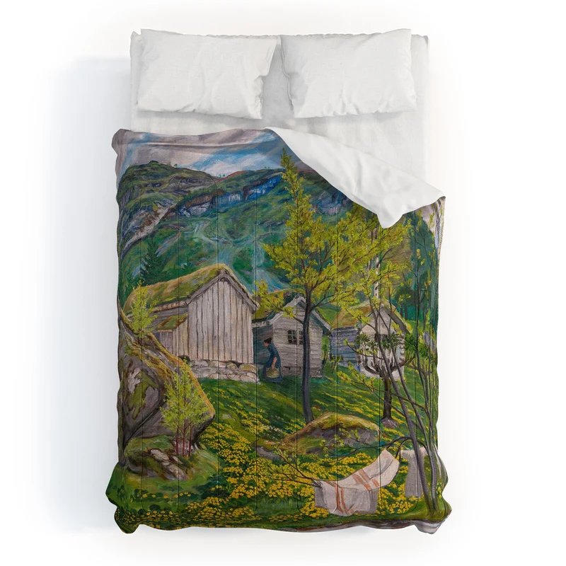 Yellow buttercup blossoms Spring Mood by Old Cotters Farm alpine landscape by Nikolai Astrup Comforter