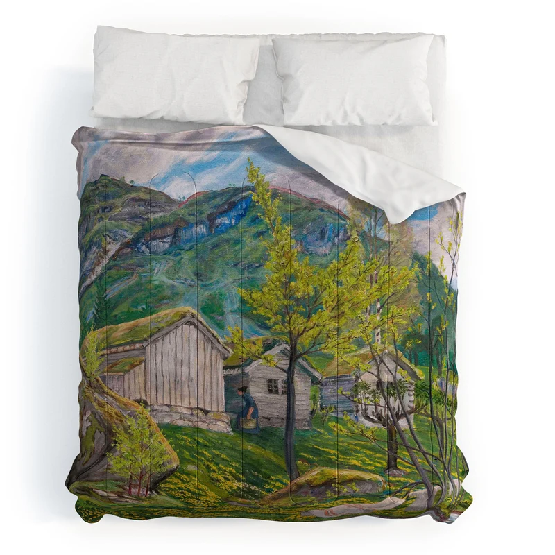 Yellow buttercup blossoms Spring Mood by Old Cotters Farm alpine landscape by Nikolai Astrup Comforter