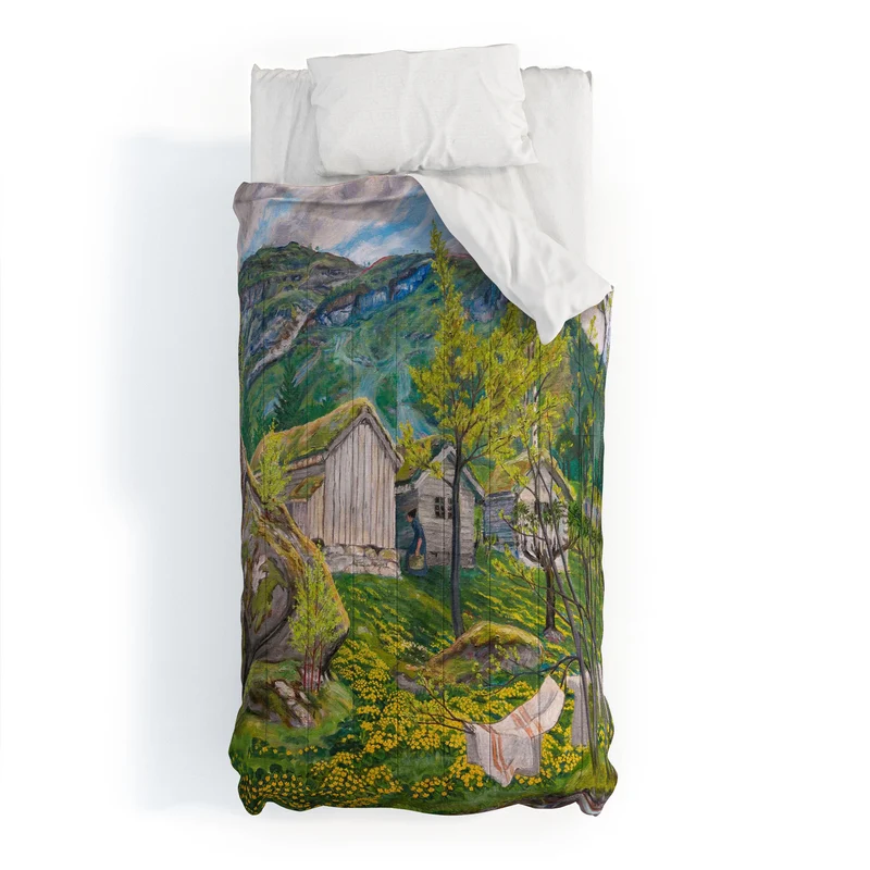Yellow buttercup blossoms Spring Mood by Old Cotters Farm alpine landscape by Nikolai Astrup Comforter