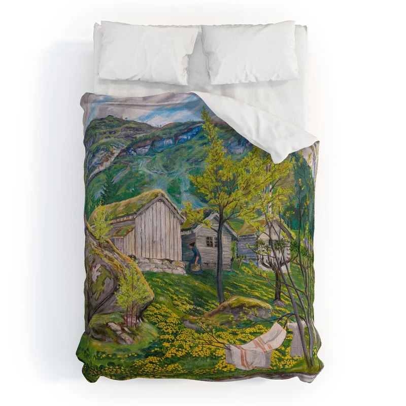 Yellow buttercup blossoms Spring Mood by Old Cotters Farm alpine landscape by Nikolai Astrup Duvet Cover