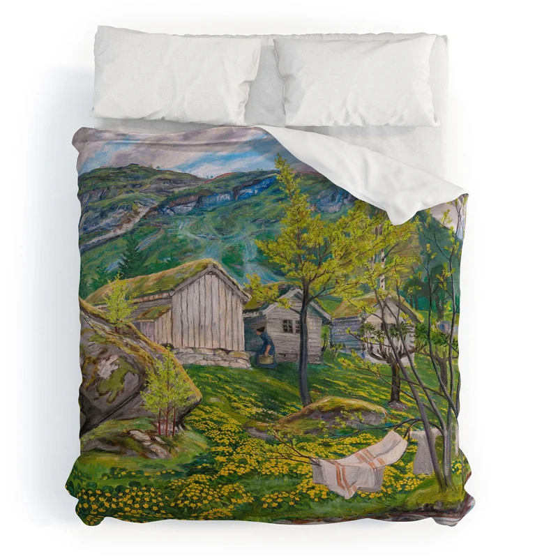 Yellow buttercup blossoms Spring Mood by Old Cotters Farm alpine landscape by Nikolai Astrup Duvet Cover